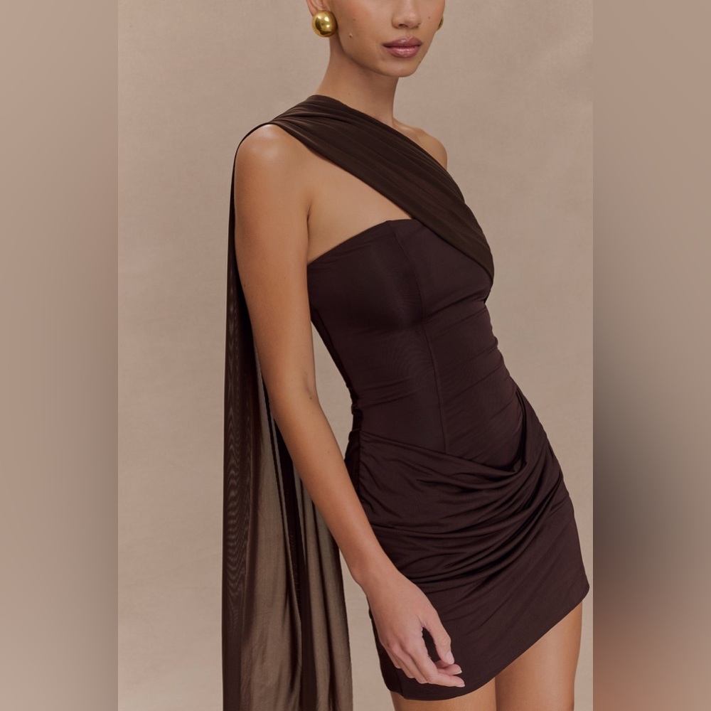 Meshki One-Shoulder Mini Dress in Dark Brown - Picture 3 of 6